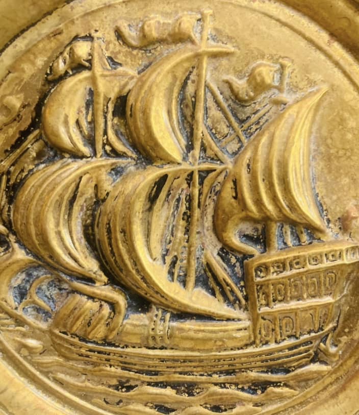 Antique detailed handmade brass ship plate. 30cm.