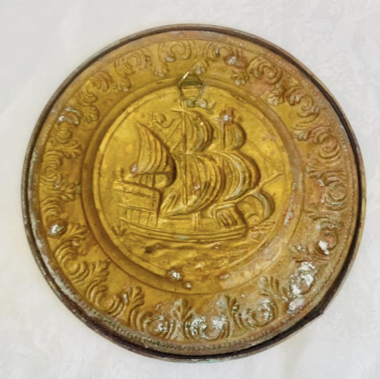Antique detailed handmade brass ship plate. 30cm.