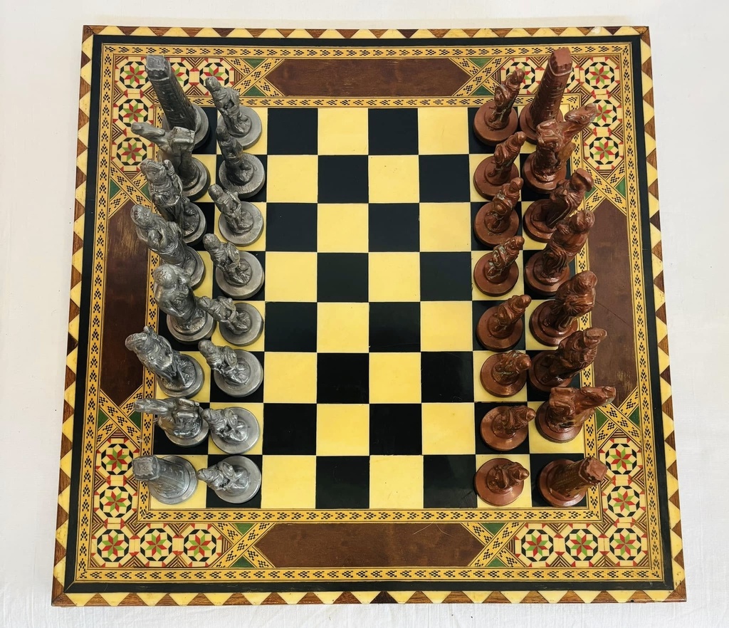 Antique large lead/metal &wooden board chess. 40x40x9cm.