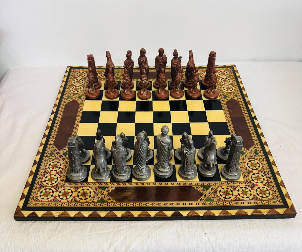 Antique large lead/metal &wooden board chess. 40x40x9cm.