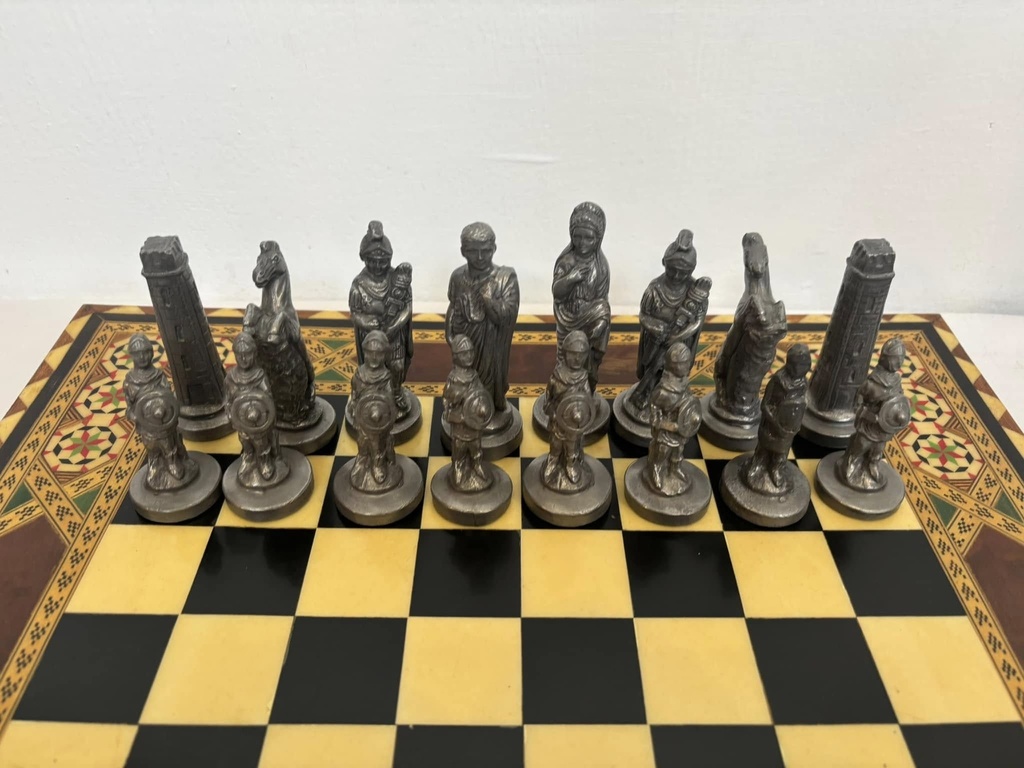Antique large lead/metal &wooden board chess. 40x40x9cm.