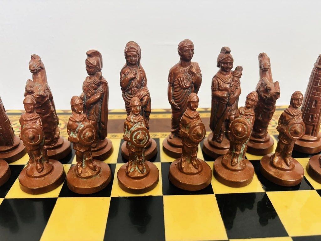 Antique large lead/metal &wooden board chess. 40x40x9cm.