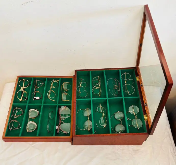 Vintage super rare American Wooden & Canvas glasses show case box full of glasses. 35x29cm