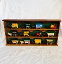 Collection of 12 Vintage Ledo die-cast Horse Drawn Wagons & wooden Display Case. 64cm