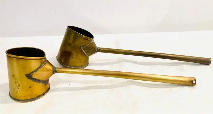Pair of antique brass measurements pots (cleaned) 25x6x4cm