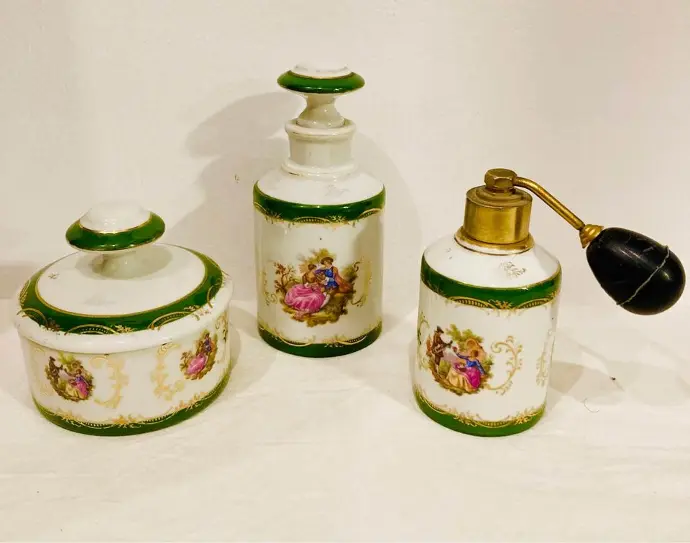 Antique 1920-40’s very rare original Limoges France Porcelain & Brass perfume set! 14cm
