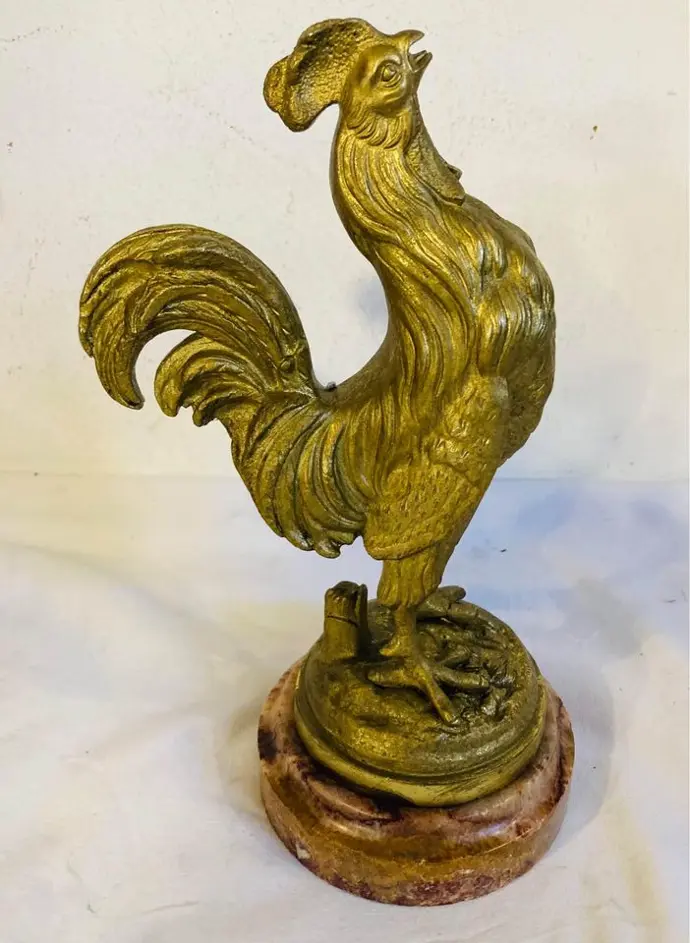 Antique heavy handmade solid bronze rooster on marble base! Signed Andreas! Approx. 3kg 28x15cm