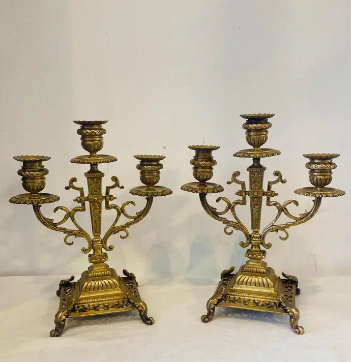 Pair Of Antique Solid Bronze Heavy 1800’s Candelabra (cleaned ) 28x23x15cm