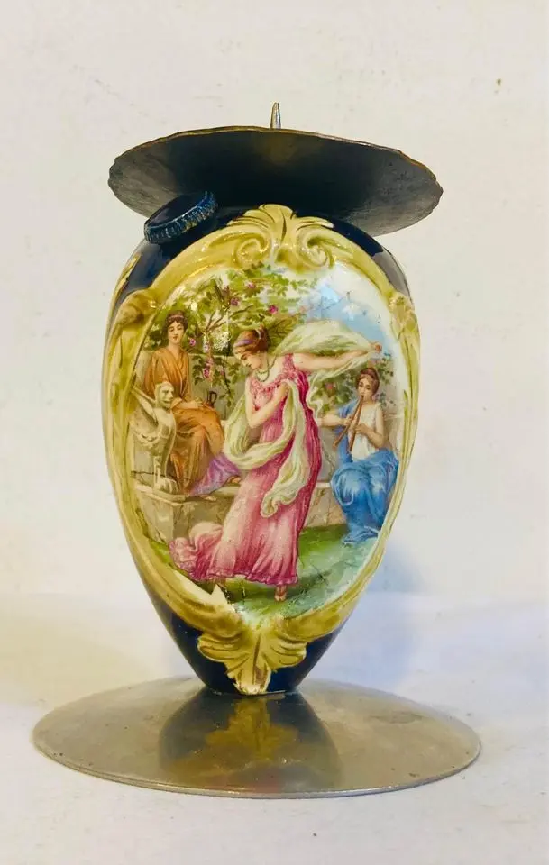 Antique showpiece porcelain & metal candle holder! Hand painted! 16x8cm
