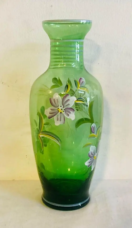 Large Antique Hand Painted Beautiful Green Glass Vase ! 30x14cm