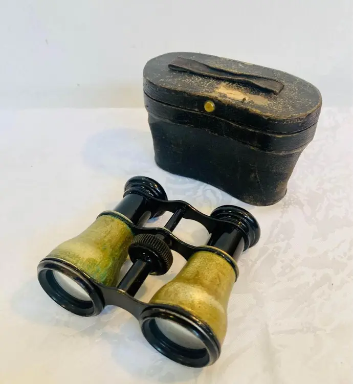 Antique Rare Original Brass Binoculars With Leather Case ! Working! 10x10x4cm