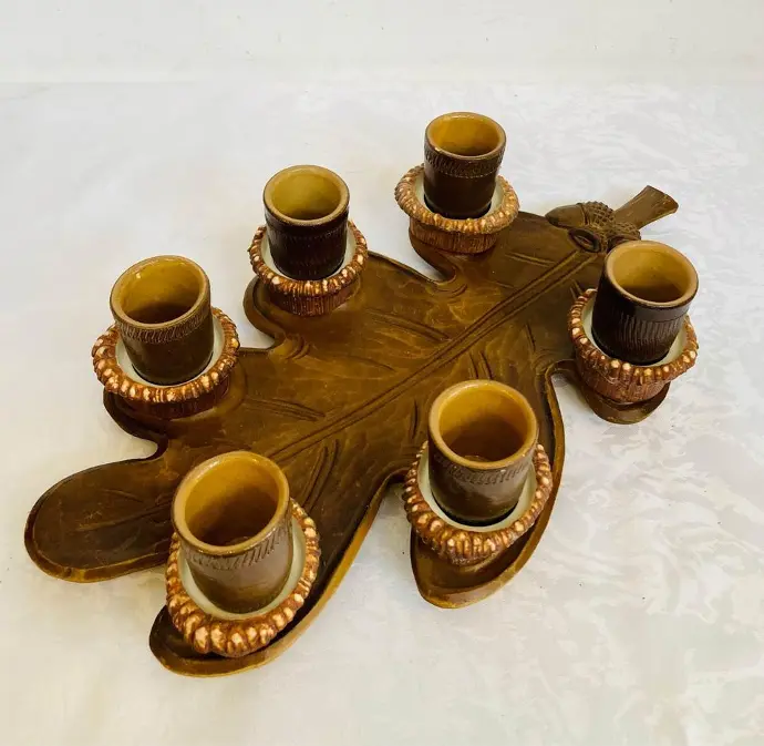Antique 1940-50’s handmade German black forest wooden tray with ceramic shoots set!