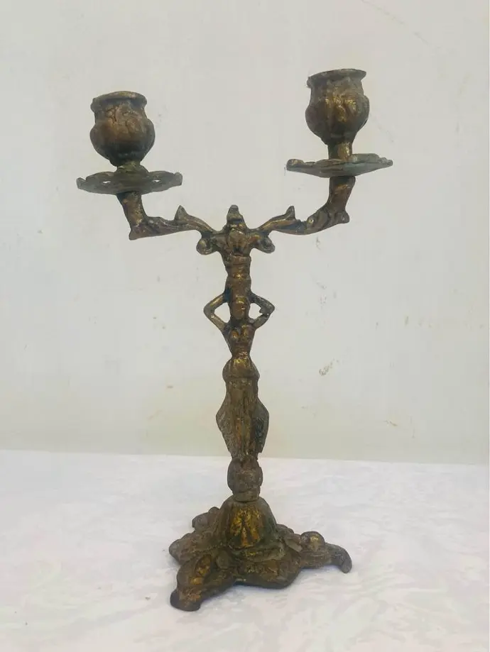 Antique 1800’s Brass Candelabra/candle Holder ! Have Some Bends! 23x15cm
