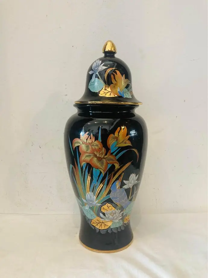 Antique French large hand painted porcelain vase with lid ! 43x18cm