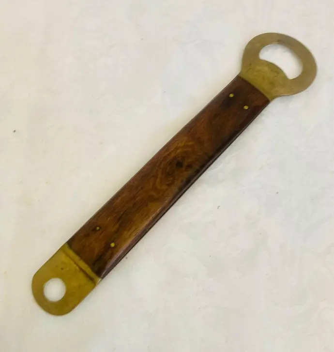 Large antique heavy rare solid brass & wooden bottle opener! 24x5cm