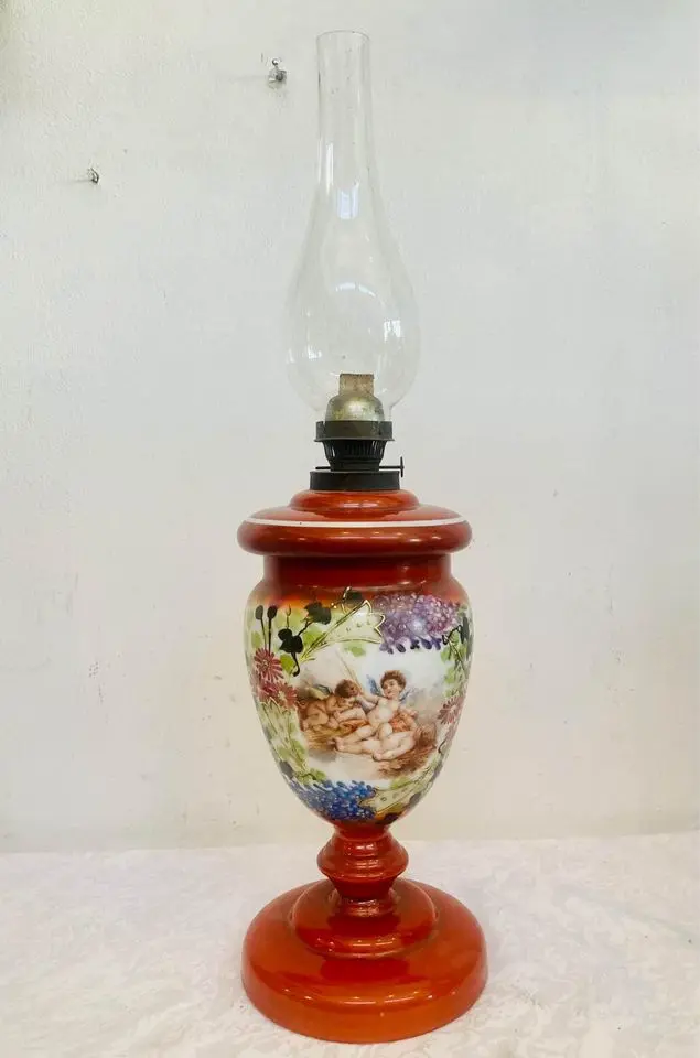 Antique Historic 1800’s original Baroque large opal glass oil lamp! 62x16cm-lamp 39cm