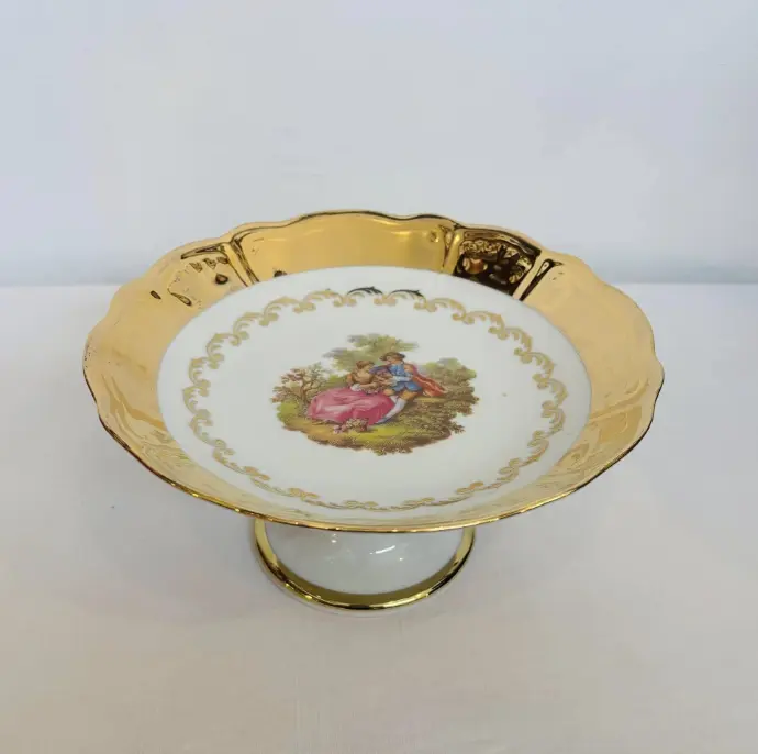 Antique handmade Bavarian porcelain gold plated plate with base. 21x10cm