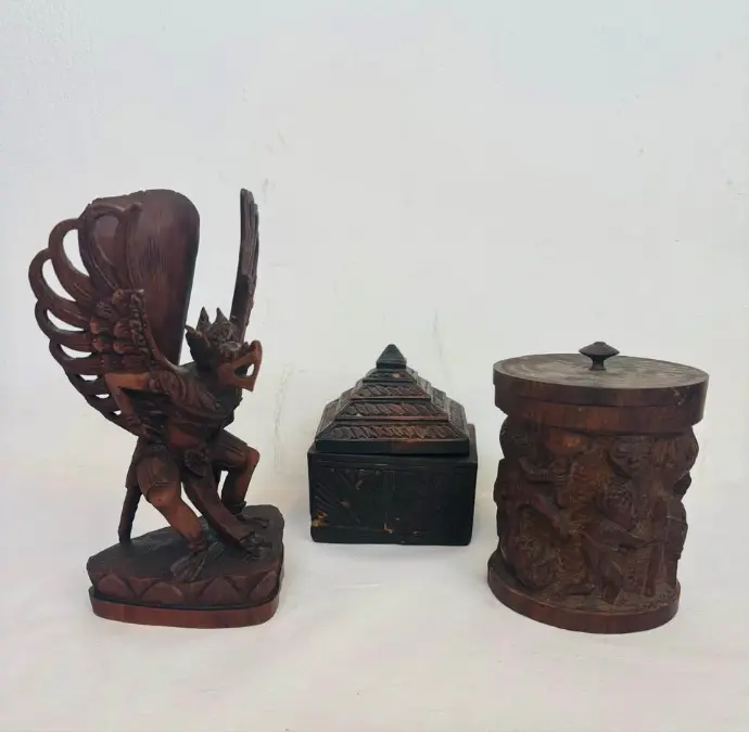 Collection of 3 antiques handmade highly carved wooden statue and 2 boxes