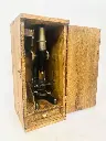 Antique rare 1940-50’s cast iron microscope with wooden box!21 cm box 26cm