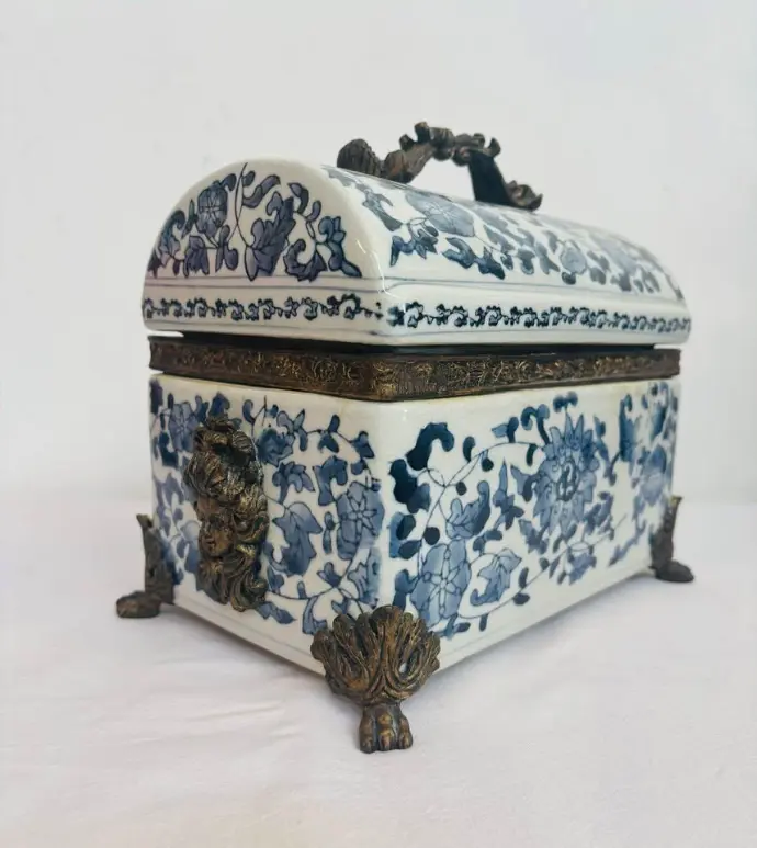 Antique rare historical original 1800’s large porcelain & bronze jewelry trunk box. 22x18x14cm