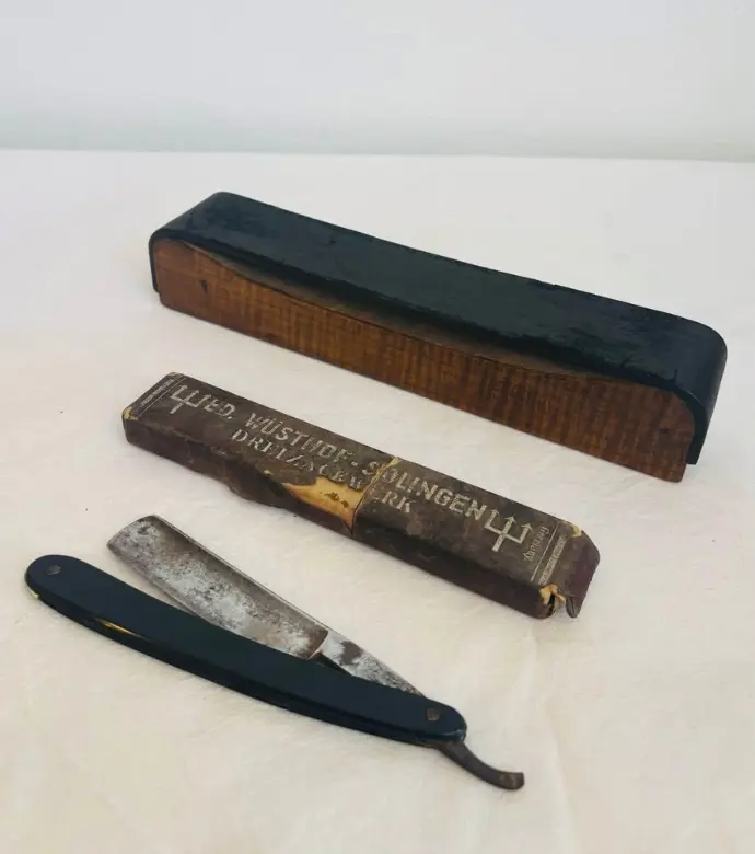 Antique Solingen Razor in original box with Wooden & Leather Sharpener. 24cm & 16cm