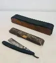 Antique Solingen Razor in original box with Wooden & Leather Sharpener. 24cm & 16cm