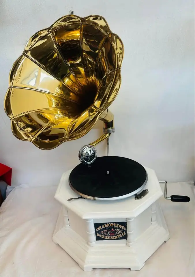 Antique Style Gramophone Wooden & Brass Working. 65x47x44cm