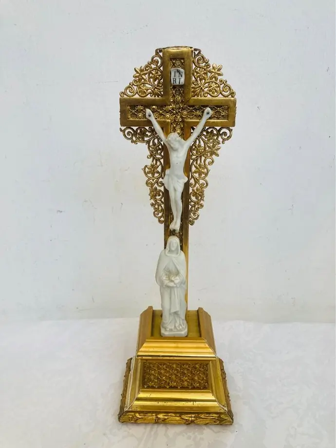 Antique wooden metal gold plate with porcelain figures table cross! 32x10x8cm