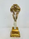 Antique wooden metal gold plate with porcelain figures table cross! 32x10x8cm