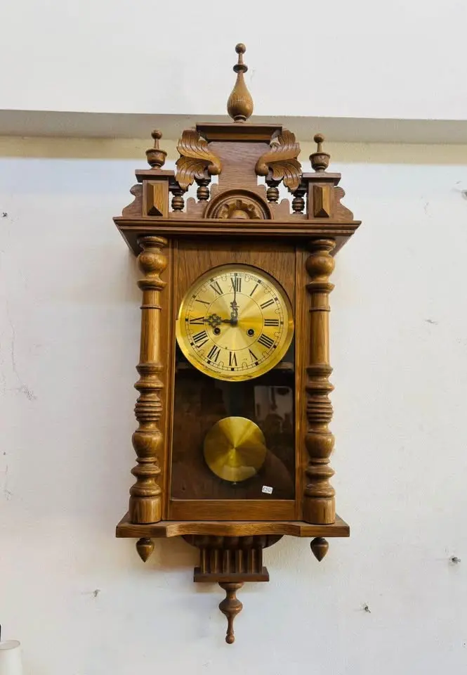 Antique Heavy Large Oak wood German mechanical church clock. 100x36x16cm. Serviced working.