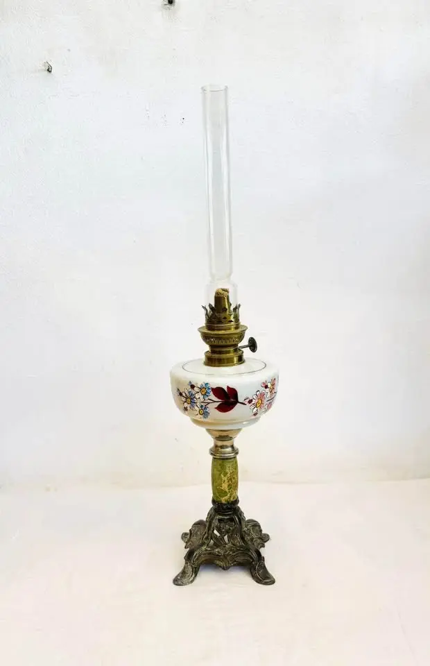Antique 1800’s French Opal Glass Oil Lamps on Cast Iron Base. 52x13cm