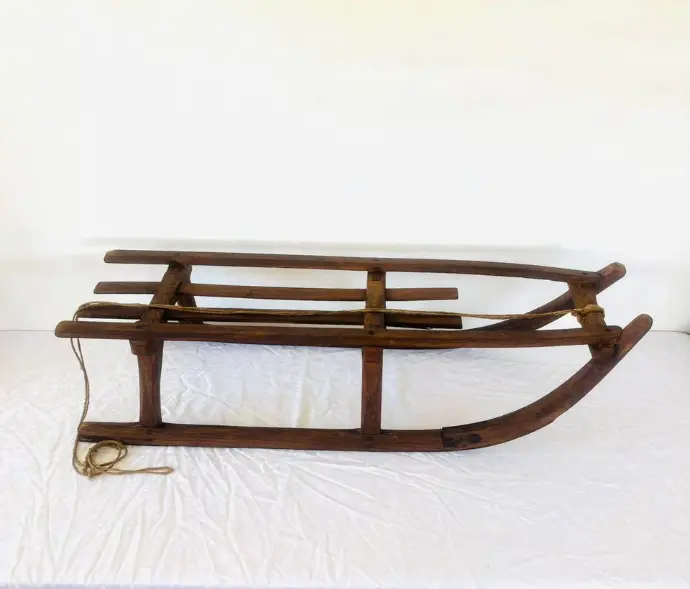 Antique Original 1800’s Large Wooden Sled with Metal Runners. 11x38x26cm