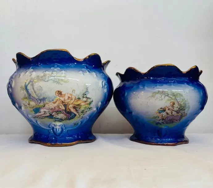 Pair of Antique 1800’s Victorian Porcelain Pots KLM Staffordshire. Made in England 25x20cm / 16x20cm