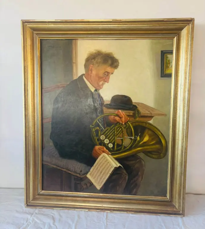 Large antique dated 1944 original framed oil painting and signed depicting old man. 85x73cm