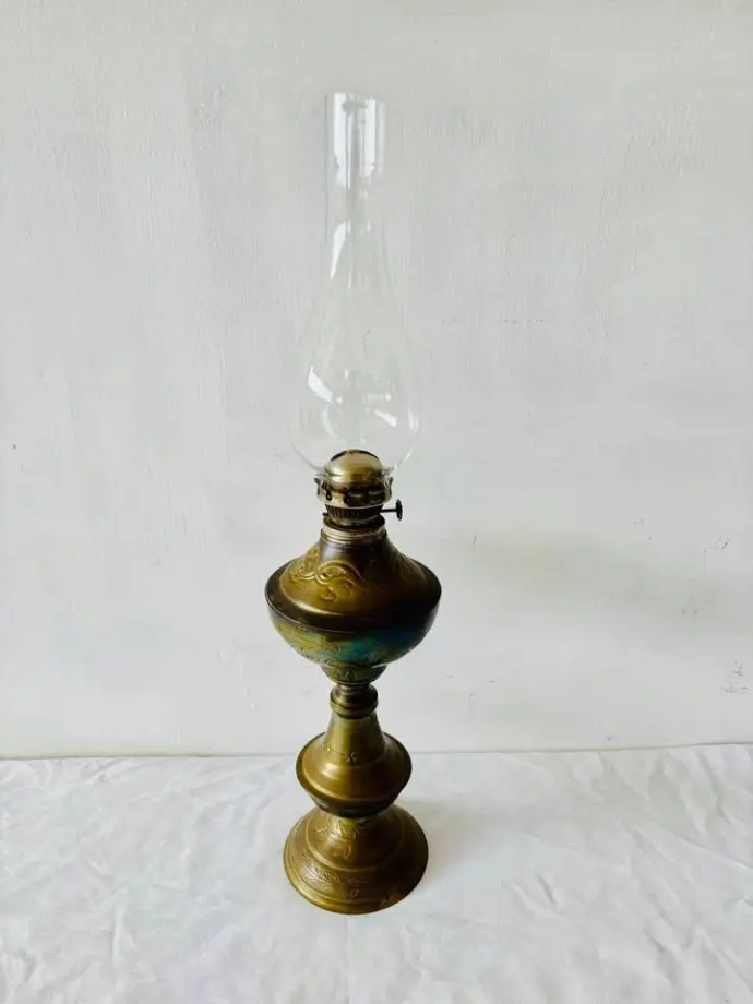Antique light brass oil lamp. 58x13cm
