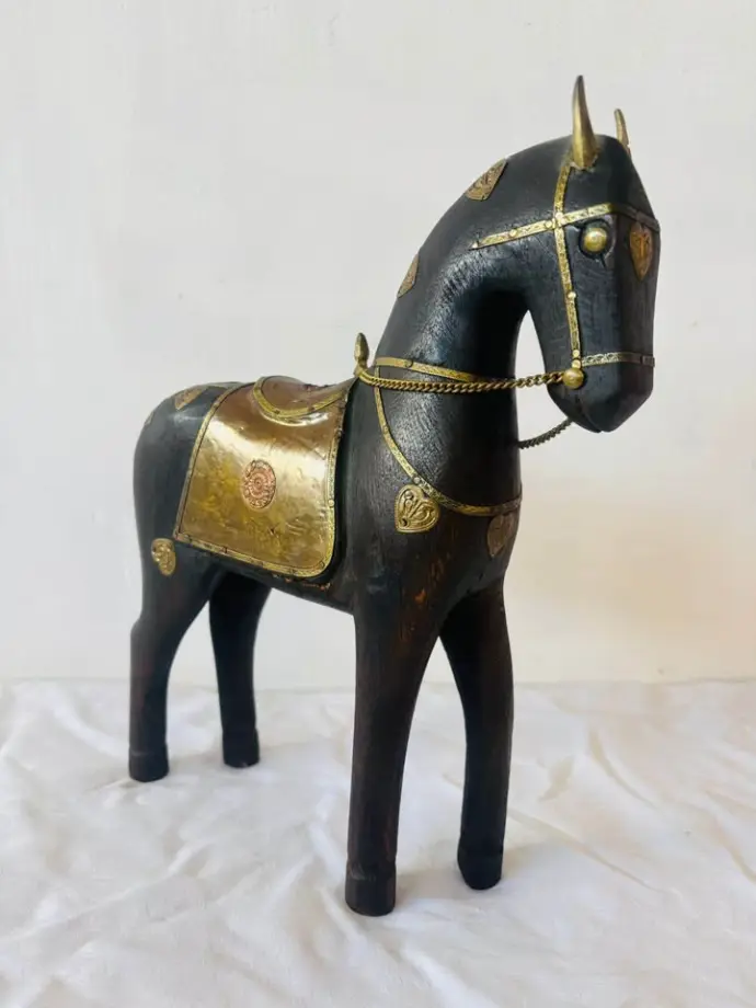 Large Antique Handmade Wooden & Brass Horse. 30x27x7cm