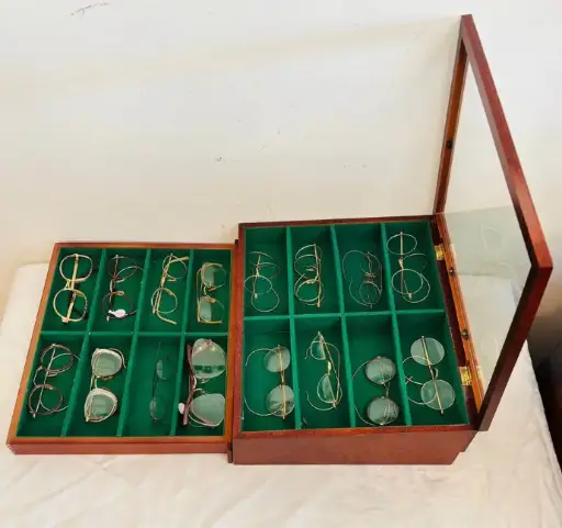 Vintage super rare American Wooden & Canvas glasses show case box full of glasses. 35x29cm