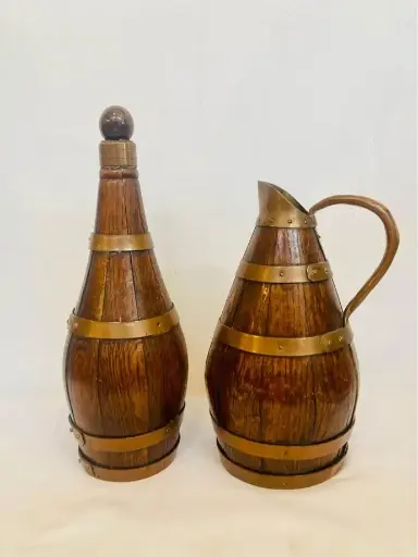 Antique rare 1800’s wood& copper decorative pitcher and bottle! 34cm & 27cm
