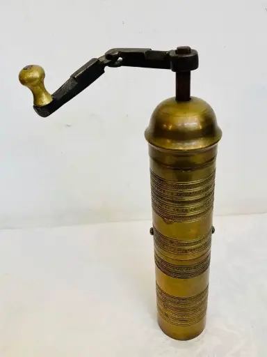 Antique brass cylinder coffee grinder! Working! 25x5cm handle 17cm