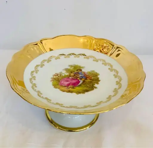 Antique 1940’s BAVARIAN Germany gold plated Porcelain Serving Stand Plate! 23x11cm