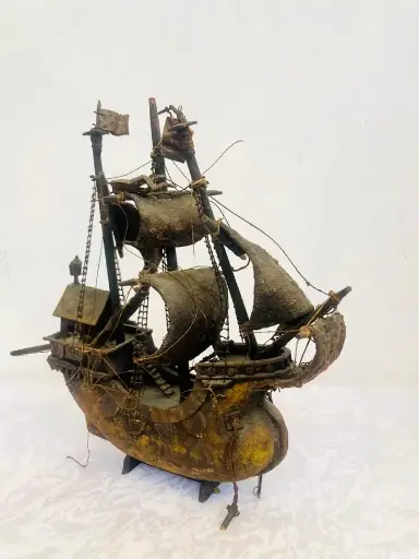 Antique original 1800’s handmade Wooden & Leather ship ! 32x28x8cm