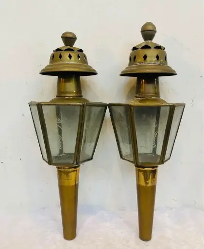 Pair of Antique brass coach lanterns/Horse cart carriage lamps! 37x15cm