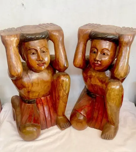 Pair Of Vintage Handmade Large Heavy Solid Wooden Statues /stands / Tables! 50x30x25cm