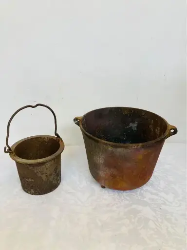 Pair of rare antiques metal blacksmith melting metal buckets !