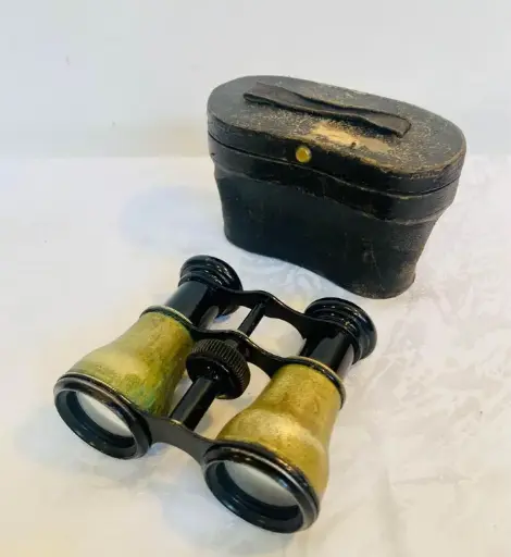 Antique Rare Original Brass Binoculars With Leather Case ! Working! 10x10x4cm