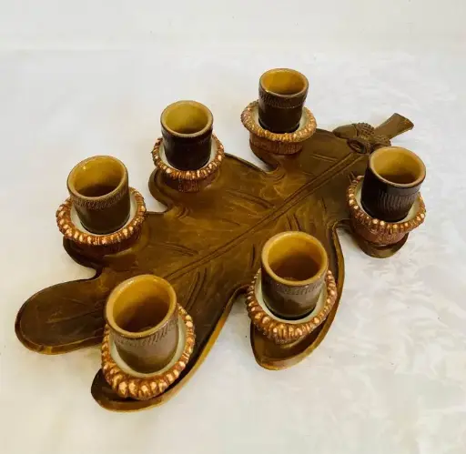 Antique 1940-50’s handmade German black forest wooden tray with ceramic shoots set!