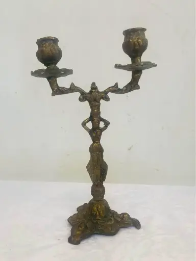 Antique 1800’s Brass Candelabra/candle Holder ! Have Some Bends! 23x15cm
