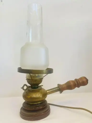 Vintage Large Brass & Wooden Table Lamp ! Rare Design! Working! 45x30x15cm