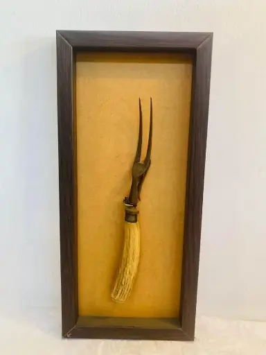 Antique 1800’s Iron & Horn handle large serving fork in modern Frame! Fork 27cm frame 30x18cm