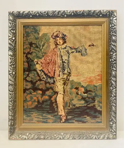 Antique handmade embroidery tapestry! In beautiful wooden frame! Great condition! 54x47cm